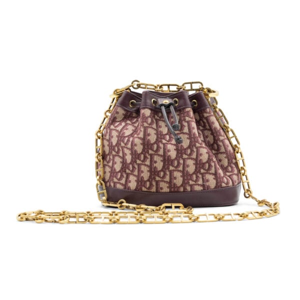 Dior Burgundy Oblique Canvas & Leather Drawstring Chain Bucket Bag - Image 6