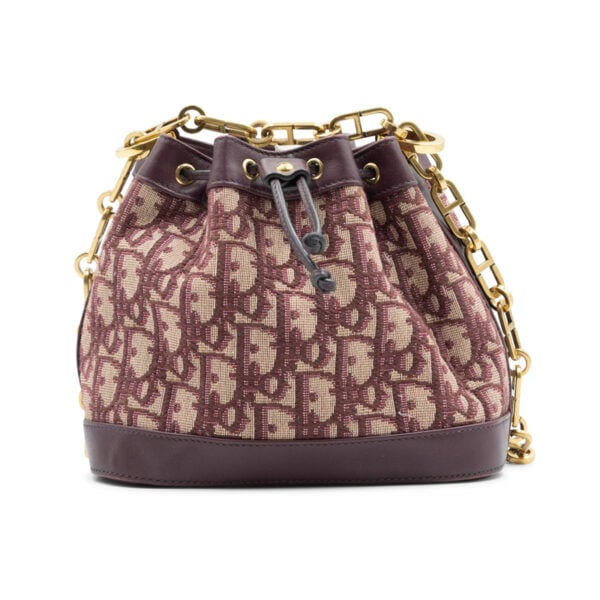 Dior Burgundy Oblique Canvas & Leather Drawstring Chain Bucket Bag