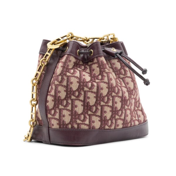 Dior Burgundy Oblique Canvas & Leather Drawstring Chain Bucket Bag - Image 3
