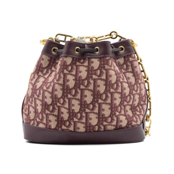 Dior Burgundy Oblique Canvas & Leather Drawstring Chain Bucket Bag - Image 4