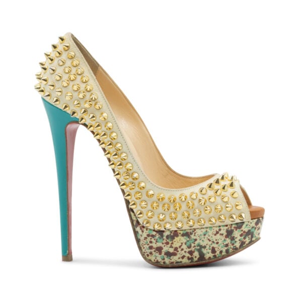 Christian Louboutin Cream Suede Lady Peep Spikes Pumps - Image 2