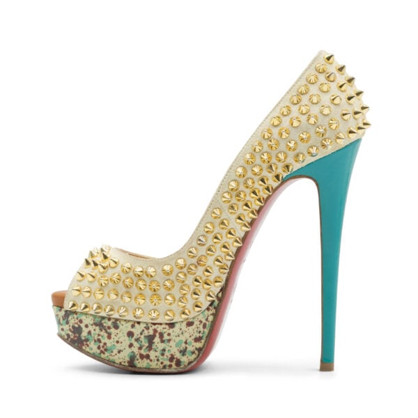 Christian Louboutin Cream Suede Lady Peep Spikes Pumps - Image 3