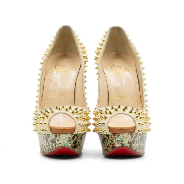 Christian Louboutin Cream Suede Lady Peep Spikes Pumps - Image 4