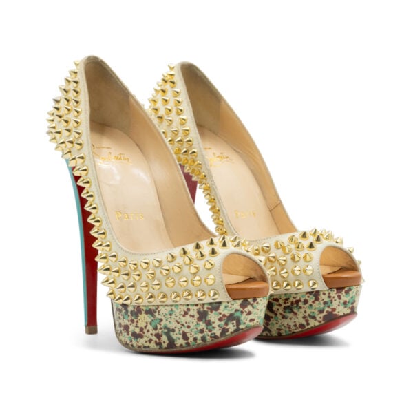 Christian Louboutin Cream Suede Lady Peep Spikes Pumps