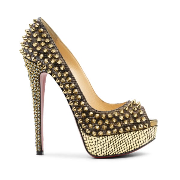 Christian Louboutin Gold Lurex Fabric Lady Peep Toe Spike Platform Pumps - Image 2