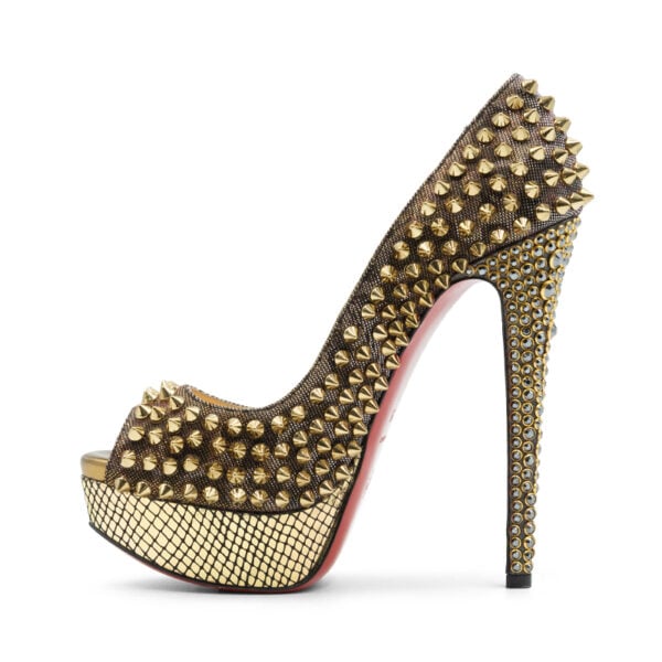 Christian Louboutin Gold Lurex Fabric Lady Peep Toe Spike Platform Pumps - Image 3