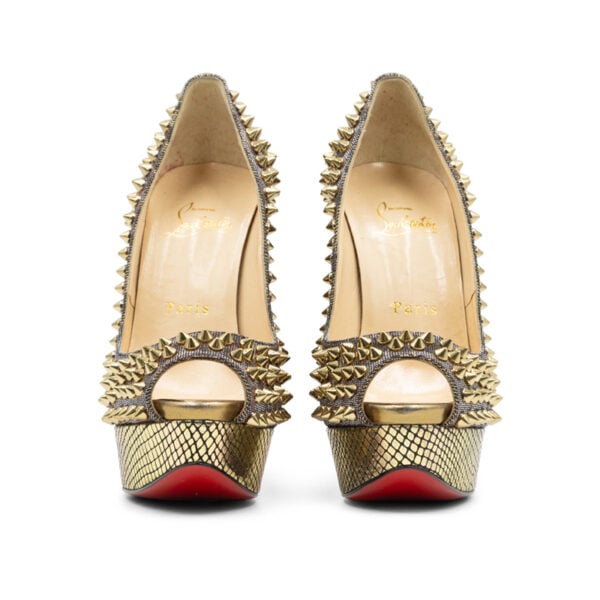 Christian Louboutin Gold Lurex Fabric Lady Peep Toe Spike Platform Pumps - Image 4