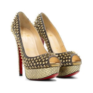 Christian Louboutin Gold Lurex Fabric Lady Peep Toe Spike Platform Pumps