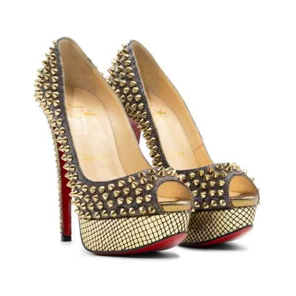 Christian Louboutin Gold Lurex Fabric Lady Peep Toe Spike Platform Pumps