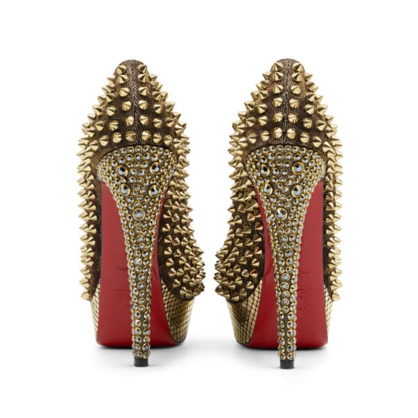 Christian Louboutin Gold Lurex Fabric Lady Peep Toe Spike Platform Pumps - Image 5