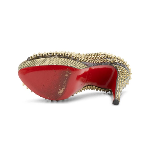 Christian Louboutin Gold Lurex Fabric Lady Peep Toe Spike Platform Pumps - Image 6