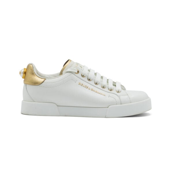 Dolce & Gabbana White/Gold Leather Portofino Pearl Embellished Low Top Sneakers - Image 2