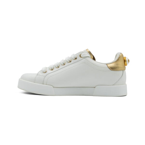 Dolce & Gabbana White/Gold Leather Portofino Pearl Embellished Low Top Sneakers - Image 3