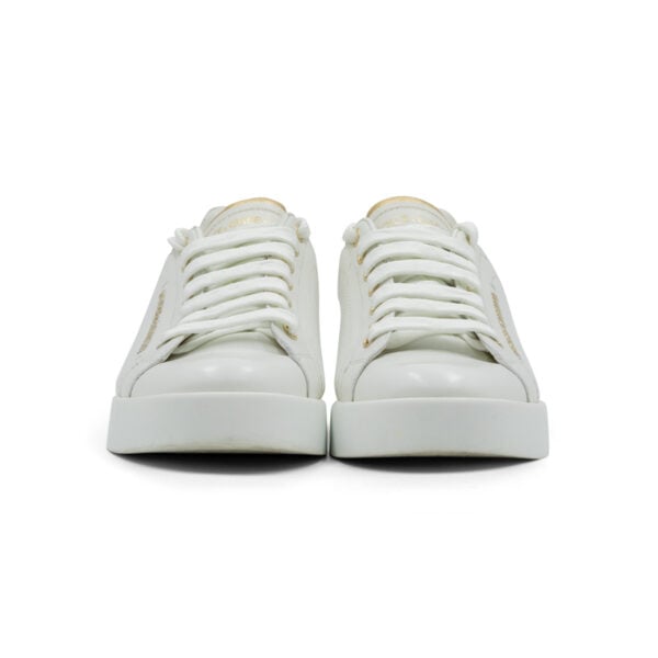 Dolce & Gabbana White/Gold Leather Portofino Pearl Embellished Low Top Sneakers - Image 4