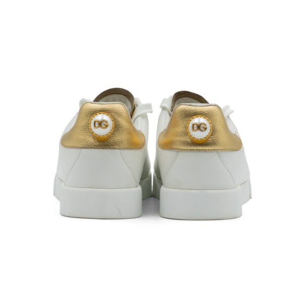 Dolce & Gabbana White/Gold Leather Portofino Pearl Embellished Low Top Sneakers - Image 5