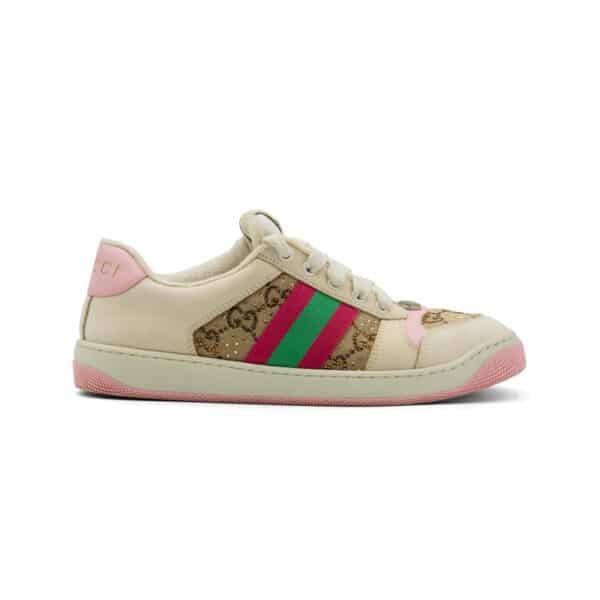Gucci Beige/Pink GG Canvas & Nubuck Leather Screener Embellished Sneakers - Image 2