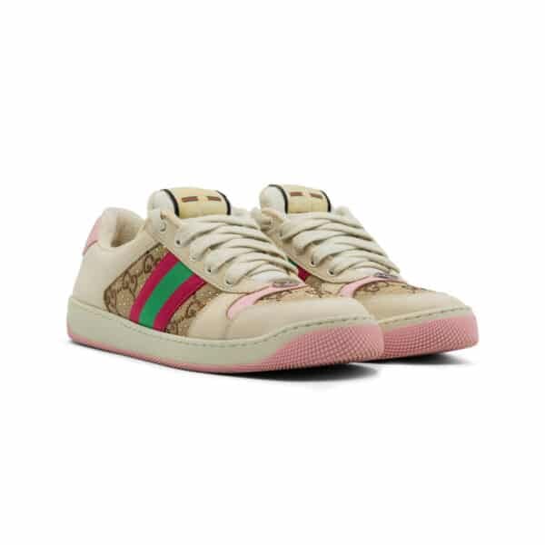 Gucci Beige/Pink GG Canvas & Nubuck Leather Screener Embellished Sneakers