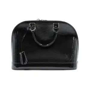 Shiny black patent leather handbag with two handles and a structured shape.