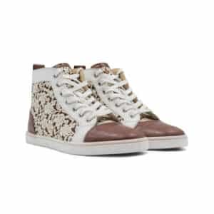 Christian Louboutin White Floral Laser Cut Brown Croc Embossed Bip Bip High Top Sneaker