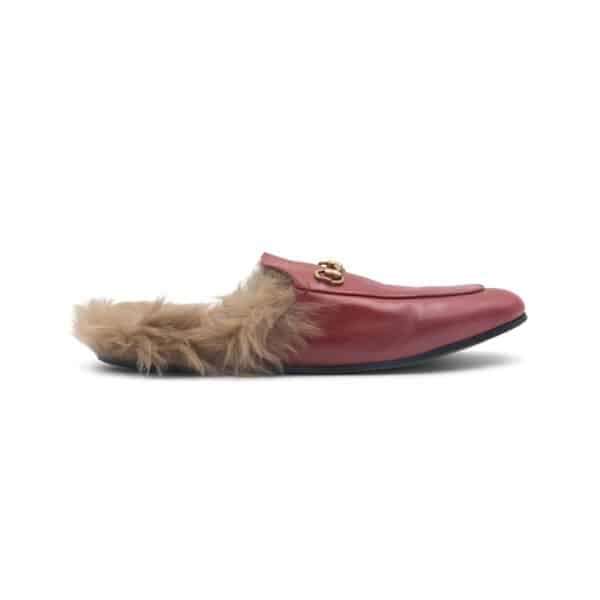 Gucci Red Leather and Fur Princetown Horsebit Flat Mules - Image 2