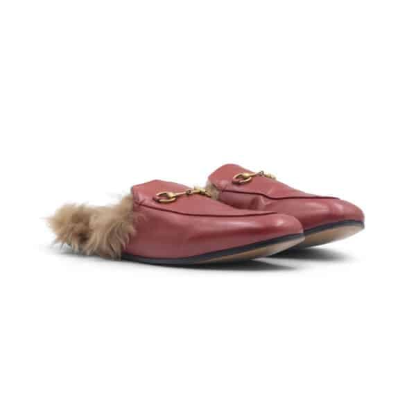 Gucci Red Leather and Fur Princetown Horsebit Flat Mules