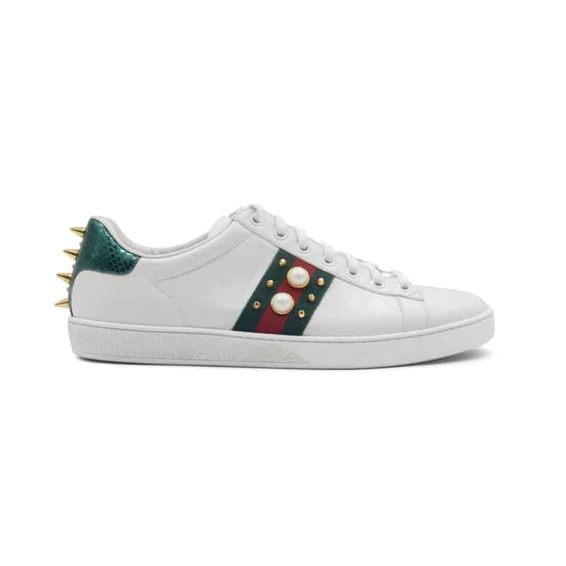 Gucci White Leather Ace Faux Pearl Embellished Studded Low Top Sneakers - Image 2