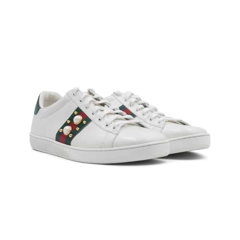 Gucci White Leather Ace Faux Pearl Embellished Studded Low Top Sneakers