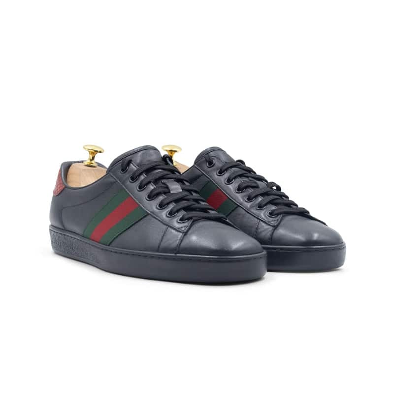 Gucci Black/Red Leather Ace Web Low Top Sneakers