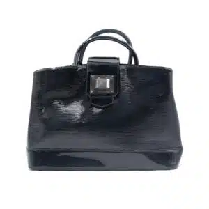 Shiny black handbag with short handles and a decorative buckle on the front.