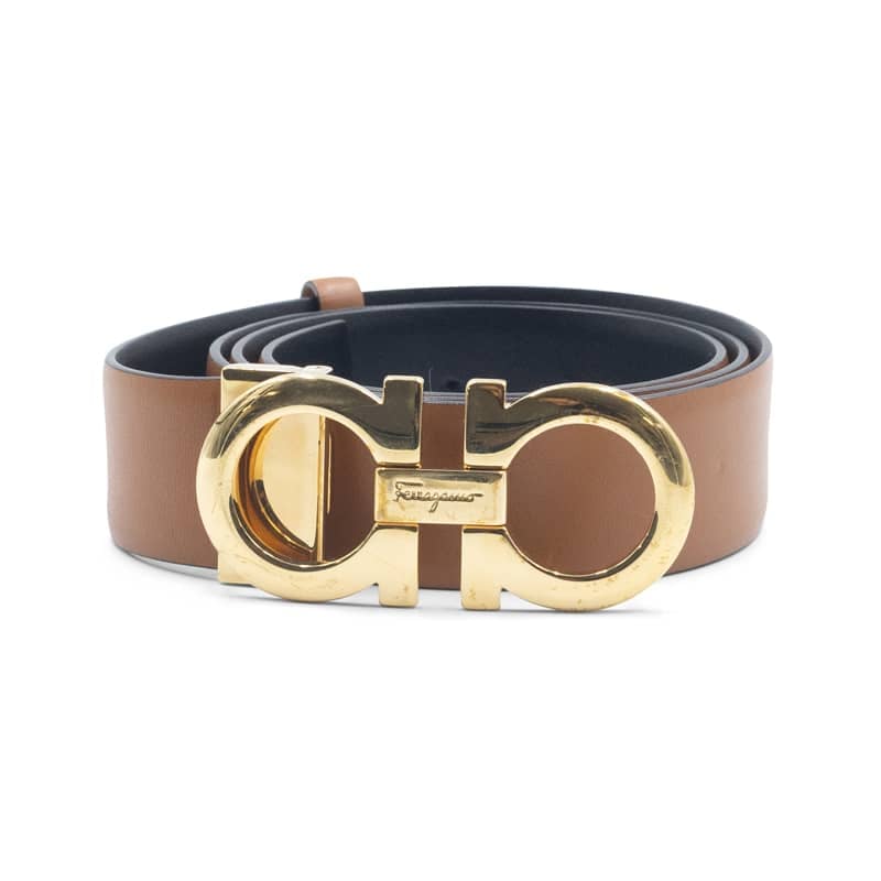 Salvatore Ferragamo Gold Gancini Black / Brown Reversible Leather Belt