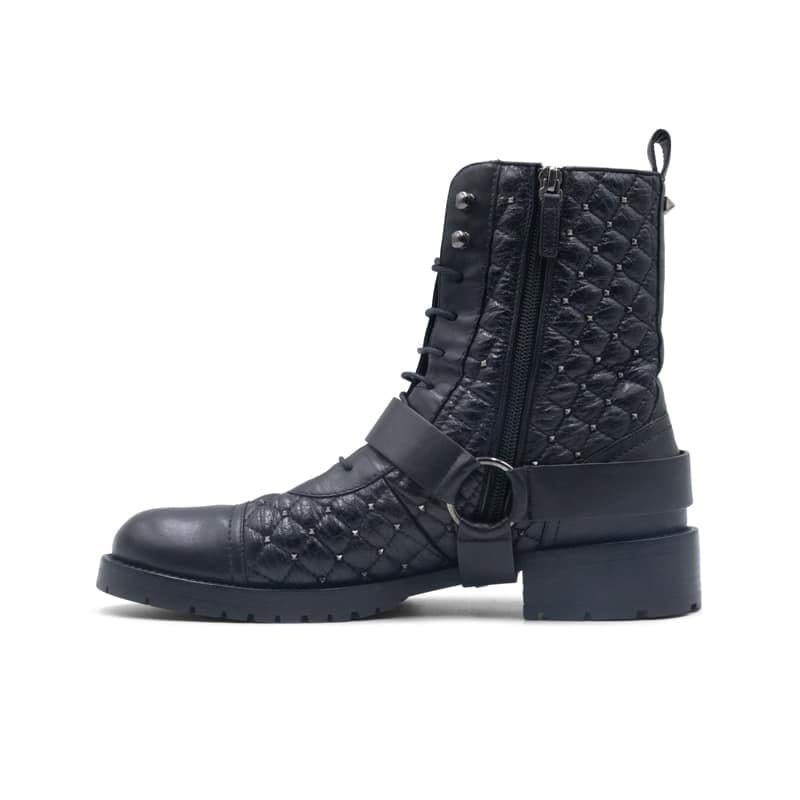 Valentino Rockstud Spike Black Leather Quilted Combat Boots - Image 3