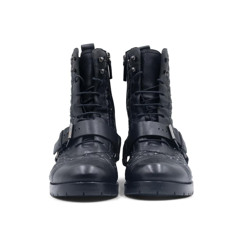 Valentino Rockstud Spike Black Leather Quilted Combat Boots - Image 4
