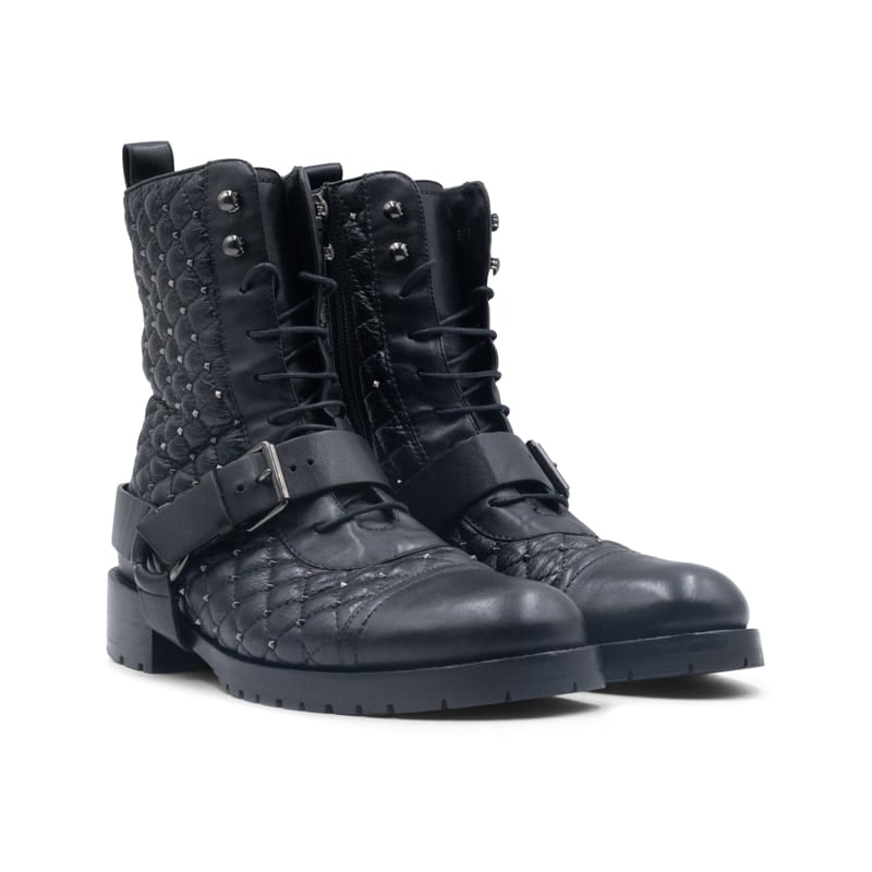 Valentino Rockstud Spike Black Leather Quilted Combat Boots