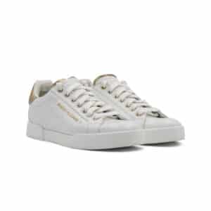 Dolce & Gabbana White/Gold Leather Portofino Pearl Embellished Sneakers