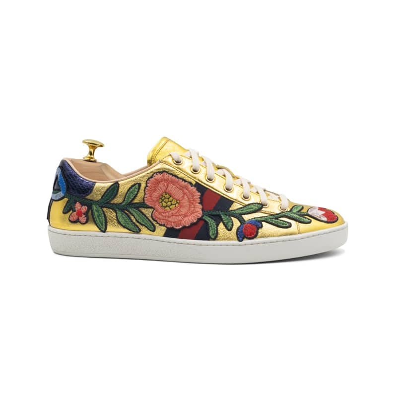 Gucci Metallic Gold Leather Ace Floral Web Lace Up Sneakers - Image 2