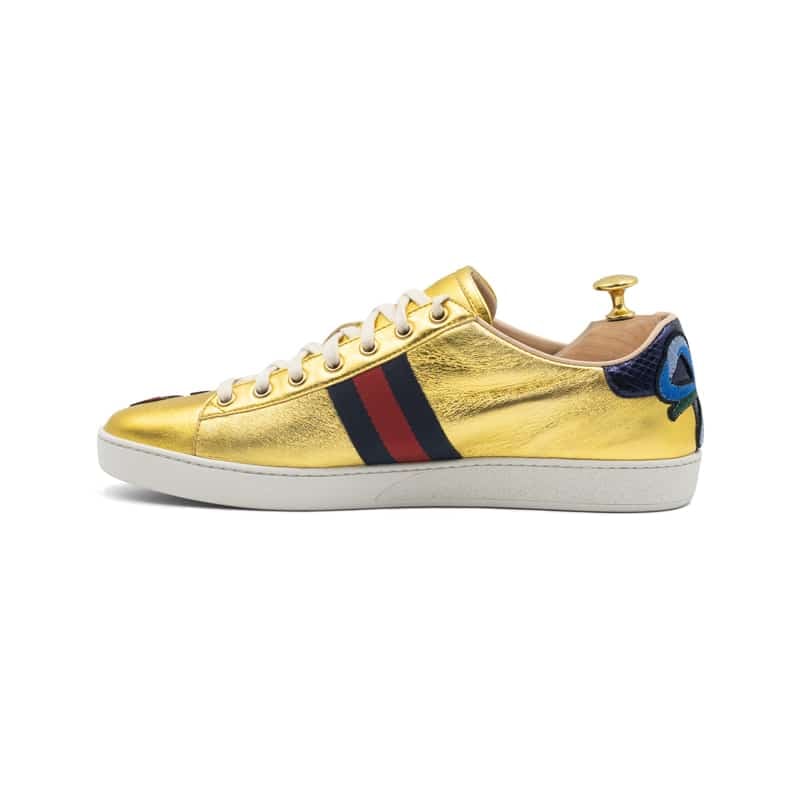 Gucci Metallic Gold Leather Ace Floral Web Lace Up Sneakers - Image 3