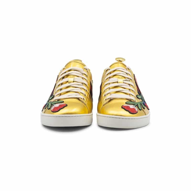 Gucci Metallic Gold Leather Ace Floral Web Lace Up Sneakers - Image 4