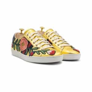 Gucci Metallic Gold Leather Ace Floral Web Lace Up Sneakers