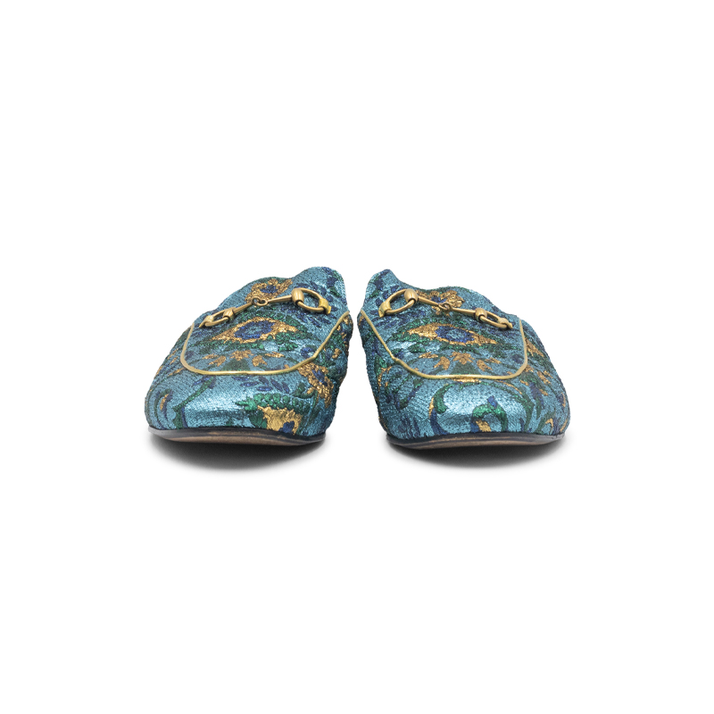 Gucci Blue Metallic Jacquard Princetown Horsebit Mules - Image 4