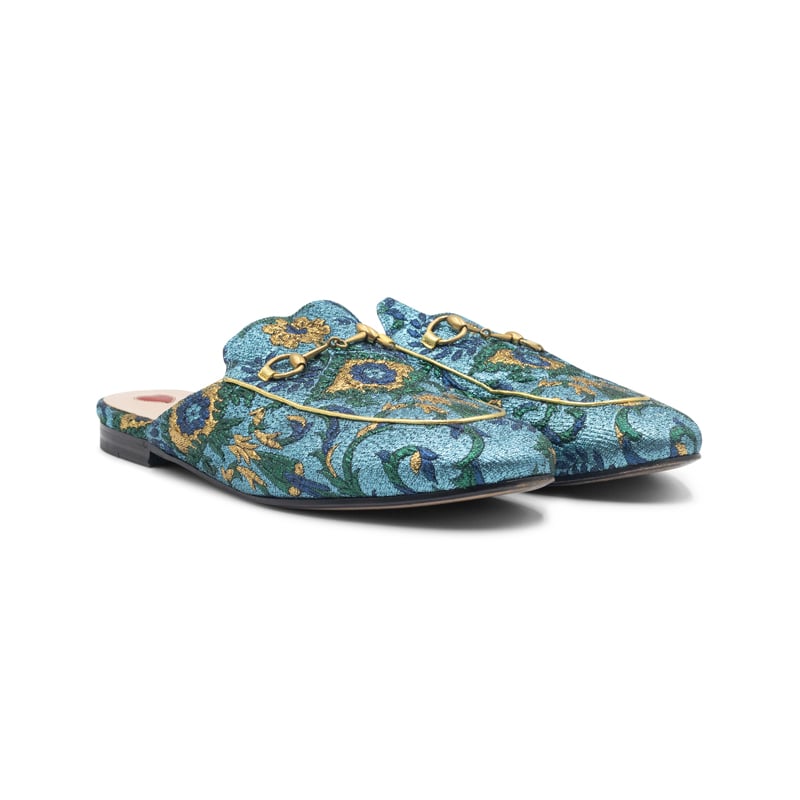 Gucci Blue Metallic Jacquard Princetown Horsebit Mules