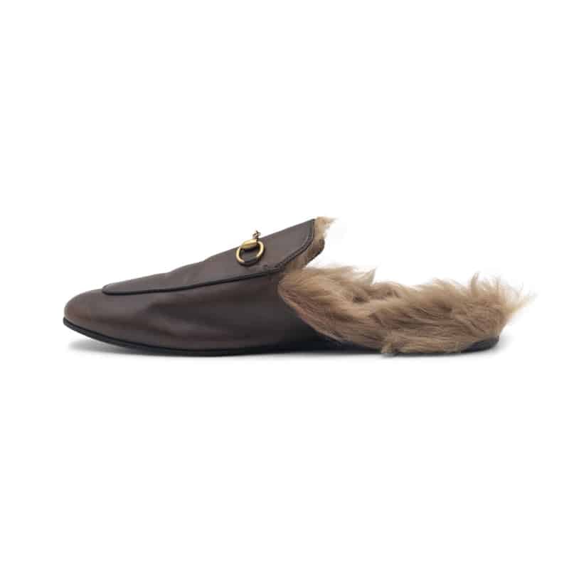 Gucci Brown Leather And Fur Princetown Mules - Image 3