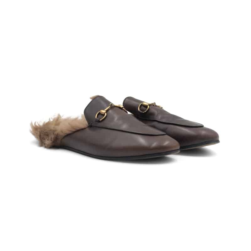 Gucci Brown Leather And Fur Princetown Mules