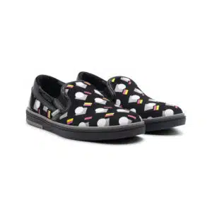 Black slip-on shoes with a colorful sushi pattern on a white background.
