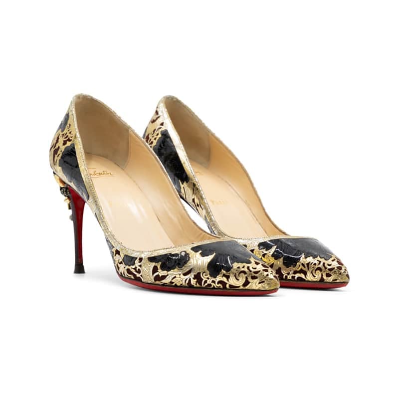 Christian Louboutin Black Gold Floral Laser Samurai Kanzai 85mm Pumps