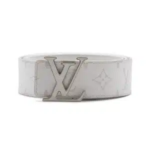 White Louis Vuitton belt with silver LV buckle and subtle monogram pattern on the strap.