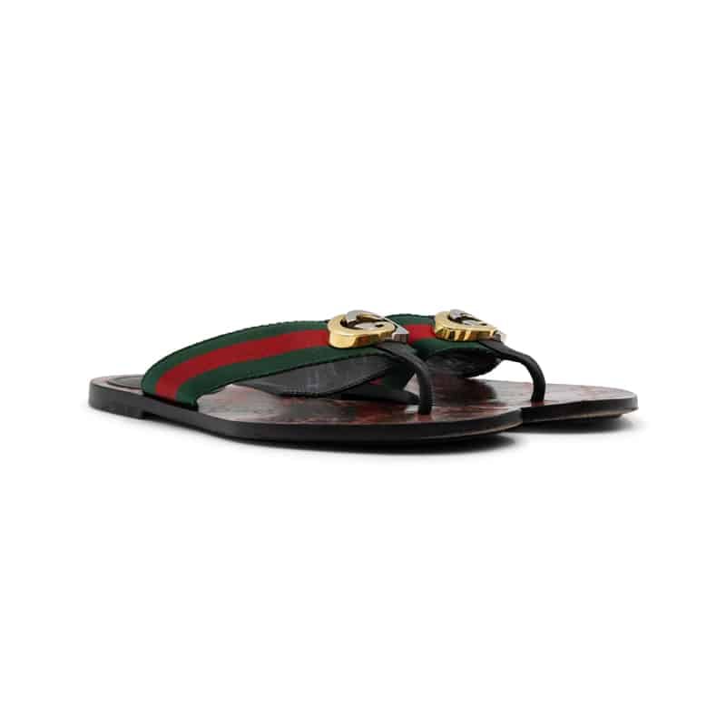 Gucci Kika GG Logo Web Stripe Leather Thong Sandals