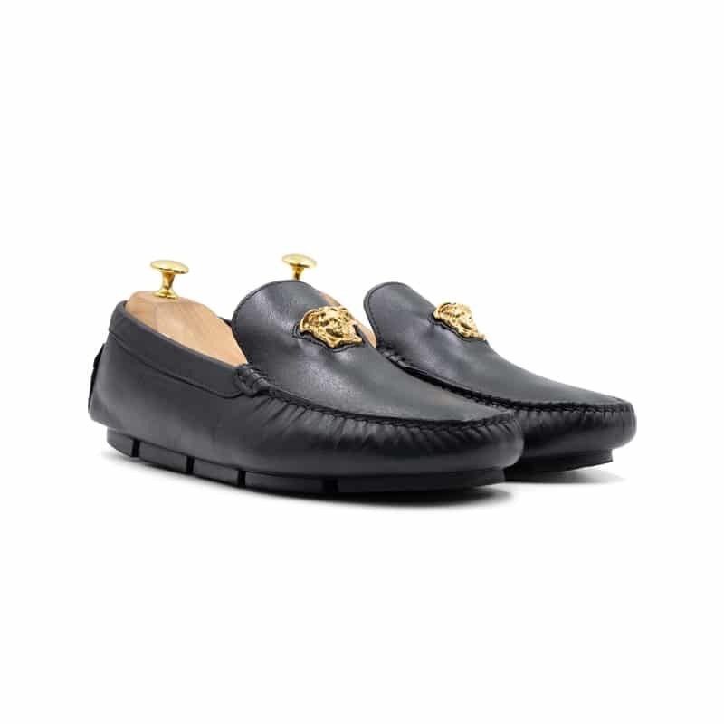Versace Black Leather La Medusa Driver Loafers