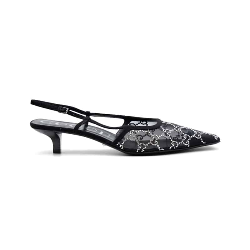 Gucci GG Crystal Black Mesh Slingback Pumps - Image 2