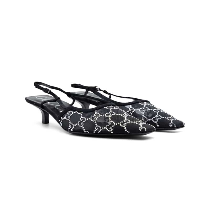 Gucci GG Crystal Black Mesh Slingback Pumps