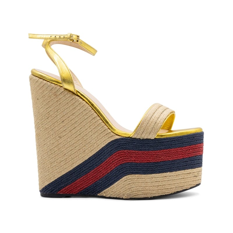 Gucci Gold Metallic Raffia Web Platform Espadrilles - Image 2